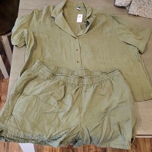 Old Navy Olive Green Button-Up Top and Shorts Set